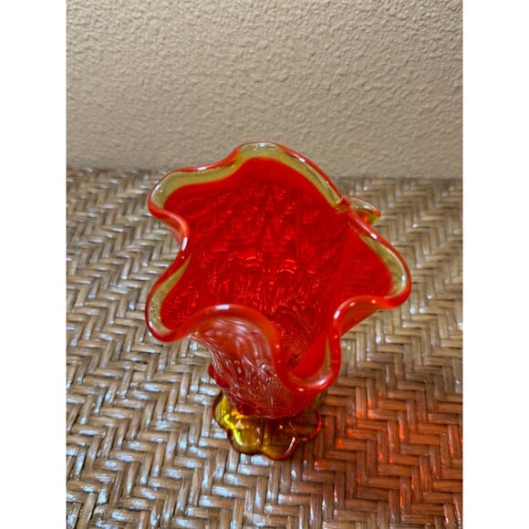 Vintage Fento Amberina  Glows Glass Vase Ruffle Edge Glows Pedestal Base Roses - Picture 2 of 10